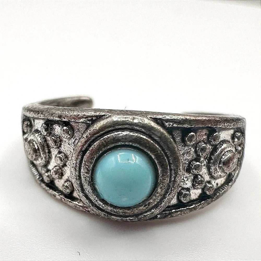 Vintage 90s Silver Tone Blue Glass Cabochon Ring Boho Women's Classic Jewelry